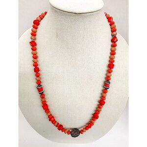 Handcrafted Coral Beaded Necklace With Black Rhinestone Pendant